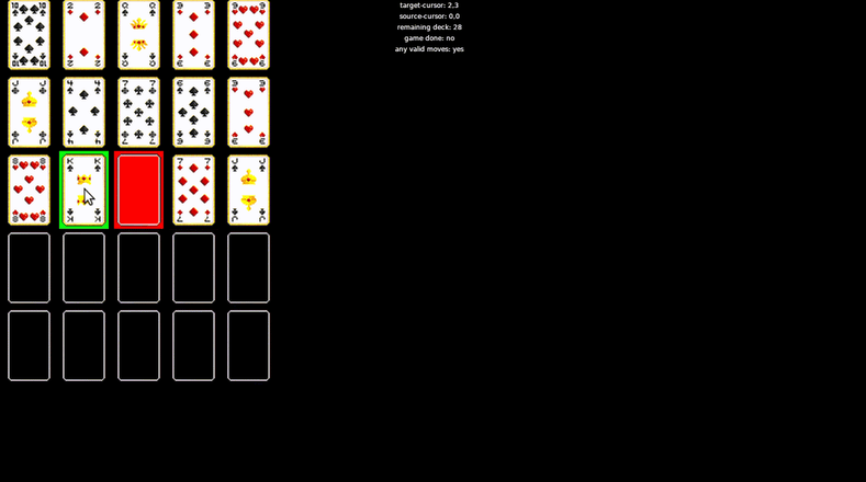 The game as it stands as a blurry gif.  While cards 'fill in' in a kind of interactive, 'real time' way, everything else is discrete, cards appear and disappear
